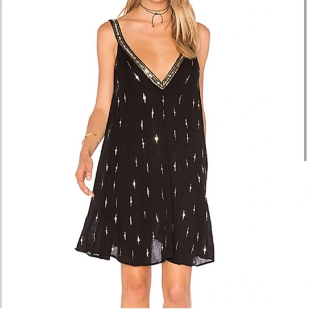 Free People Black V-Neck Embellished Swing Dress